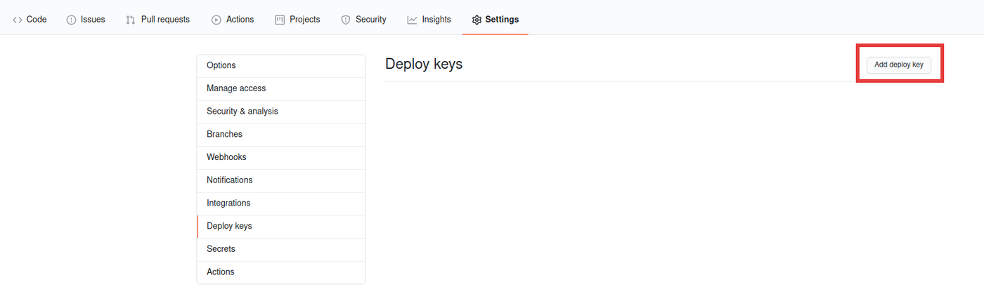 picture of GitHub settings page, deploy key section