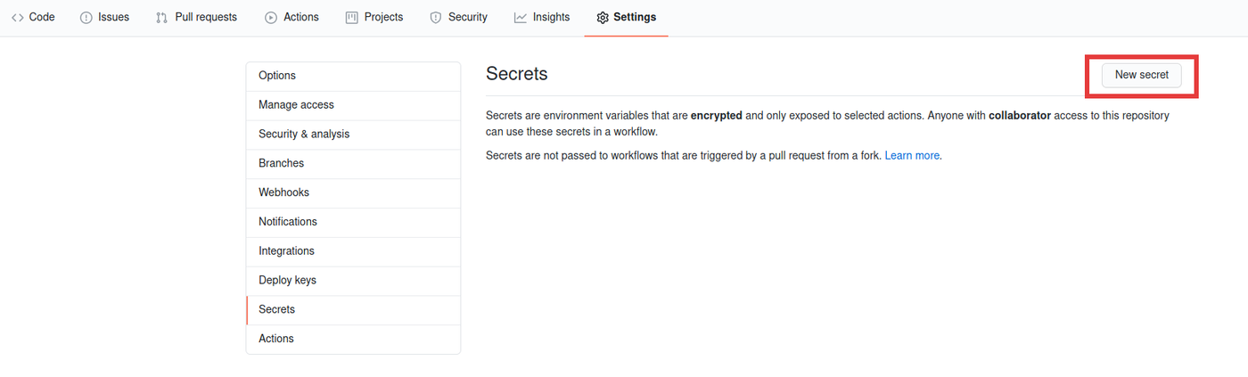 picture of GitHub settings page, secrets section